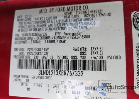 2011 Lincoln Mkz Hybrid z USA, uszkodzony, nr VIN 3LNDL2L3XBR767332